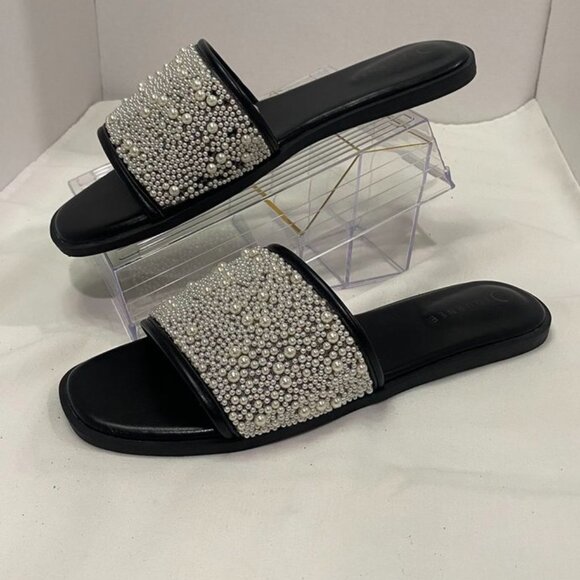 Journee Collection Pearl Embellished Slide Sandals Black Size 12 - Picture 8 of 16